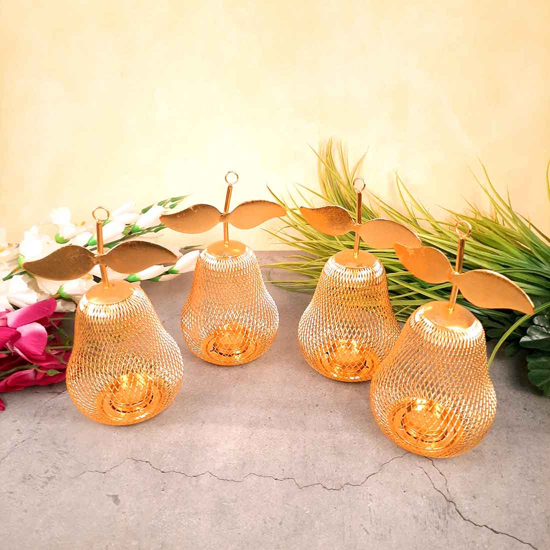 Tea Light Candle Holder | Pear Design Golden Candle Stand - For Table & Home Decor - 9 Inch - Apkamart #Style_Pack of 4