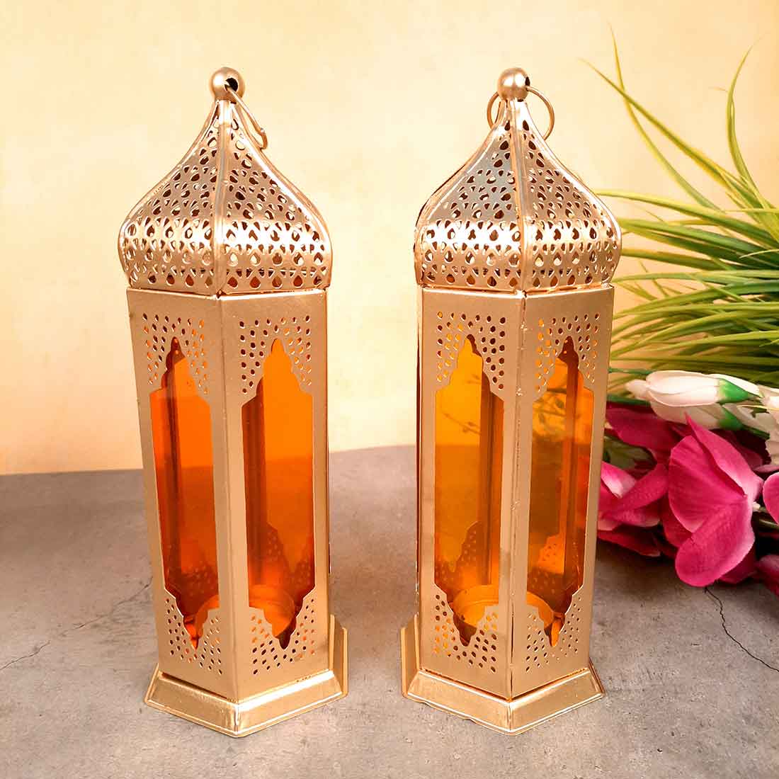Glass Tealight Candle Holder | Antique Lantern T Ligh Holder Wall Hanging - For Living Room, Home, Entryway Decor - 10 Inch - Apkamart #Style_Pack of 2