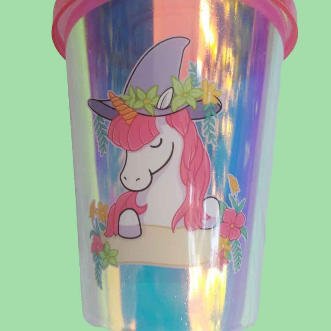 Holographic Unicorn design Sipper Bottler with Straw - For Kids Birthday Gift & Return Gift (Pack of 4) - Apkamart