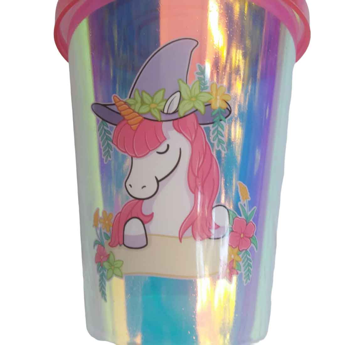 Holographic Unicorn design Sipper Bottler with Straw - For Kids Birthday Gift & Return Gift (Pack of 4) - Apkamart