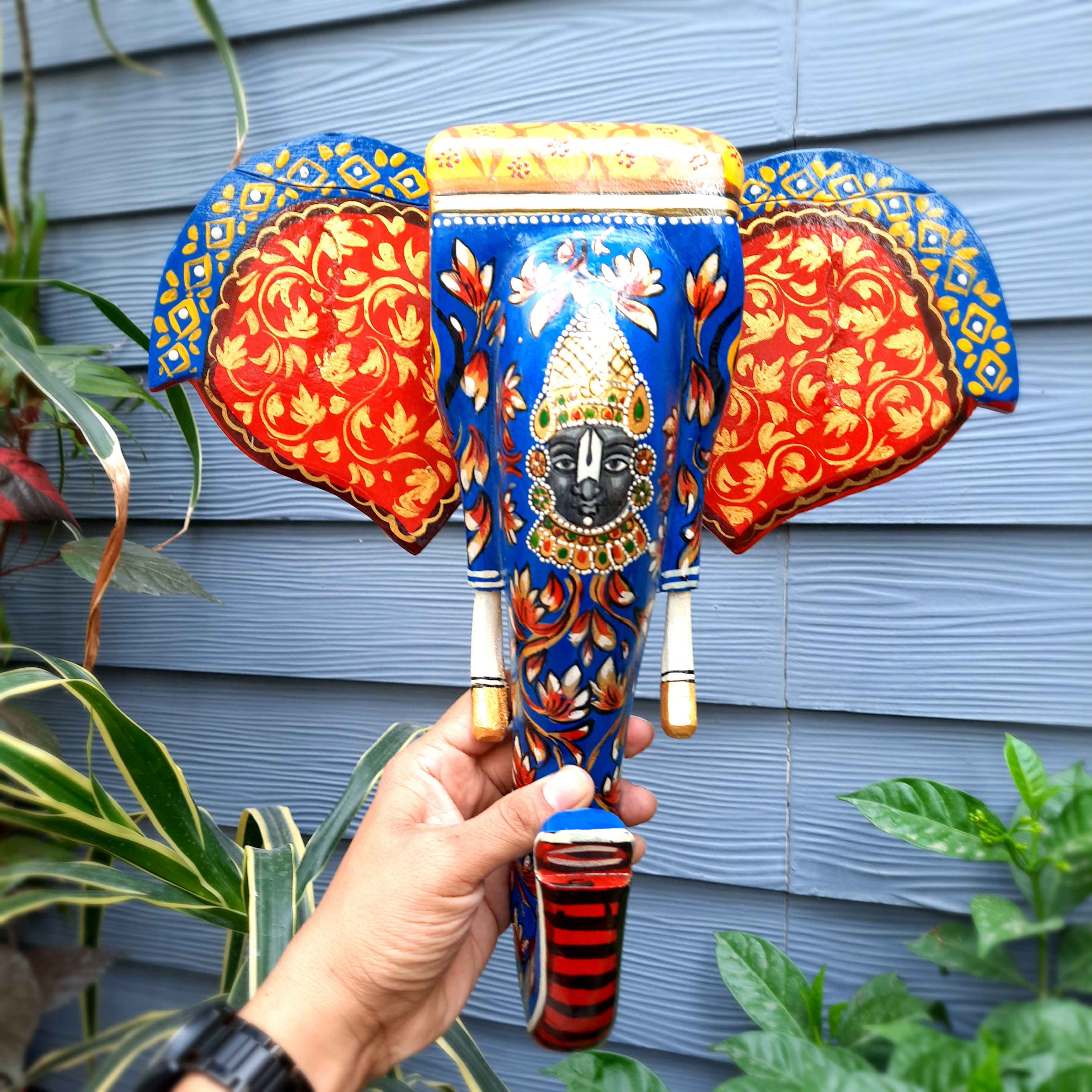 Elephant Head Wall Decor | Wooden Elephant Head with Balaji Wall Hanging - For Home, Wall Decor & Gifts - 14 Inch Inch-Apkamart #Color_Blue