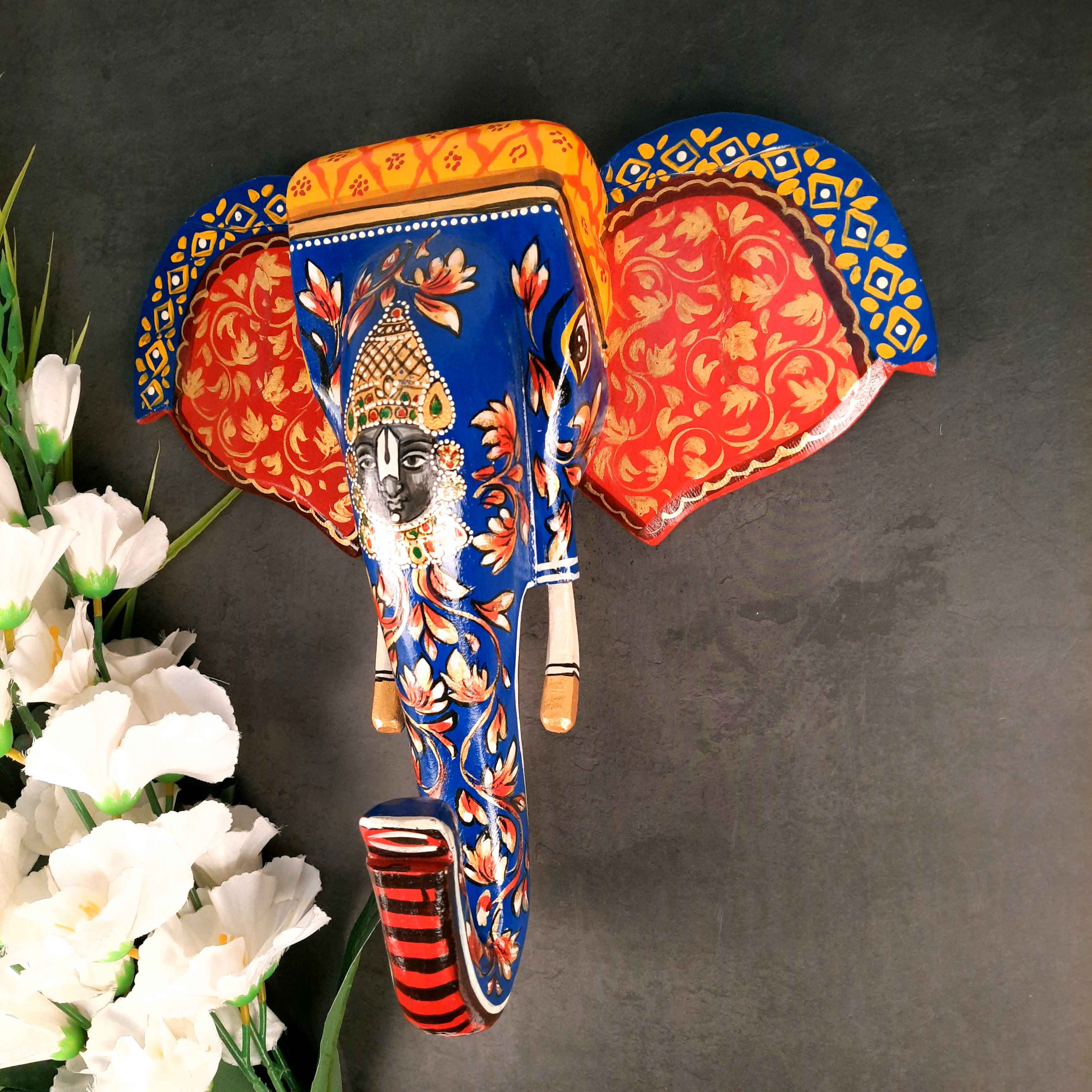 Elephant Head Wall Decor | Wooden Elephant Head with Balaji Wall Hanging - For Home, Wall Decor & Gifts - 14 Inch Inch-Apkamart #Color_Blue