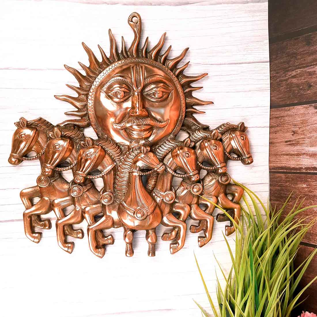 Sun with 7 Running Horses Wall Hanging - For Vastu, Home, Office Decor & Gifts - 17 Inch - Apkamart