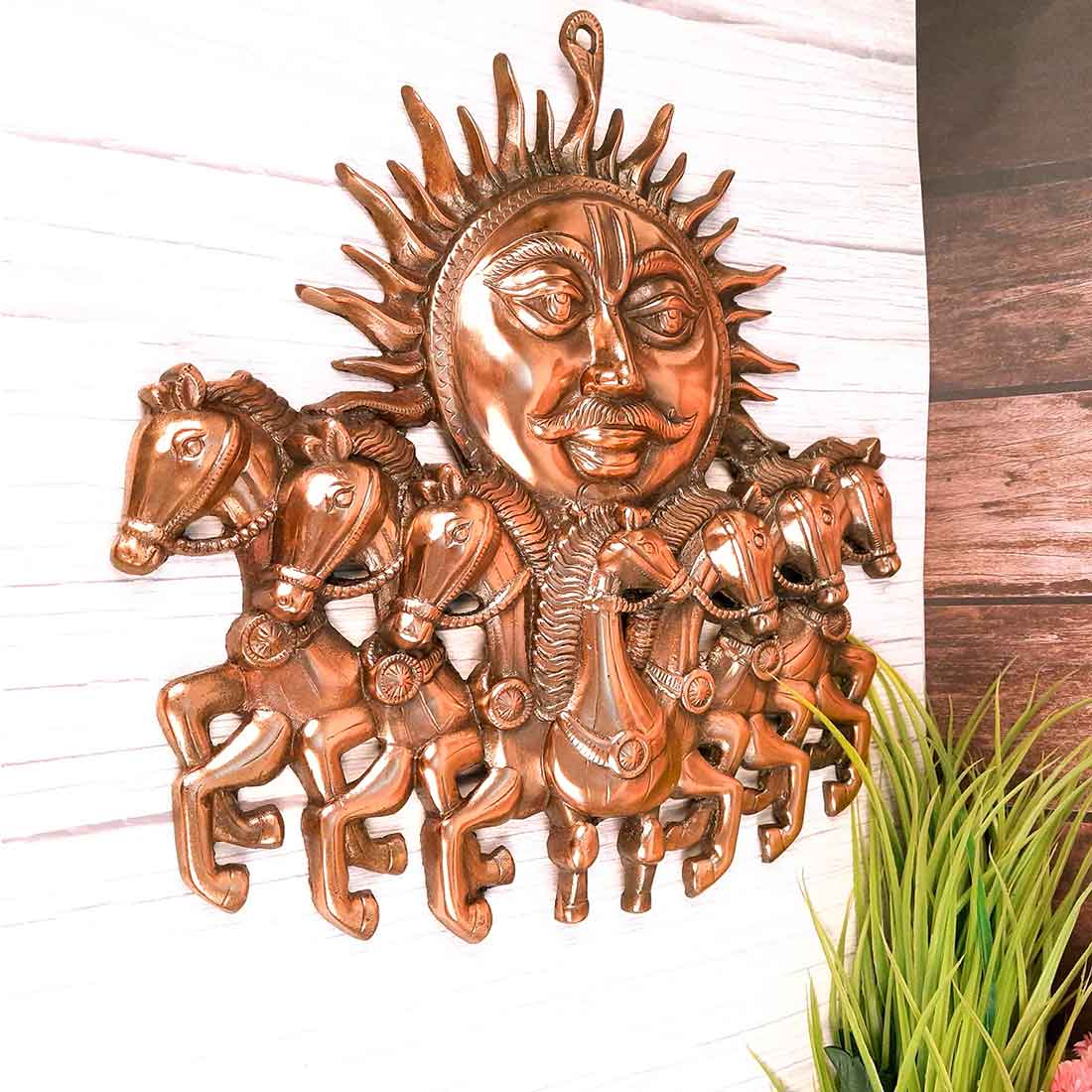 Sun with 7 Running Horses Wall Hanging - For Vastu, Home, Office Decor & Gifts - 17 Inch - Apkamart