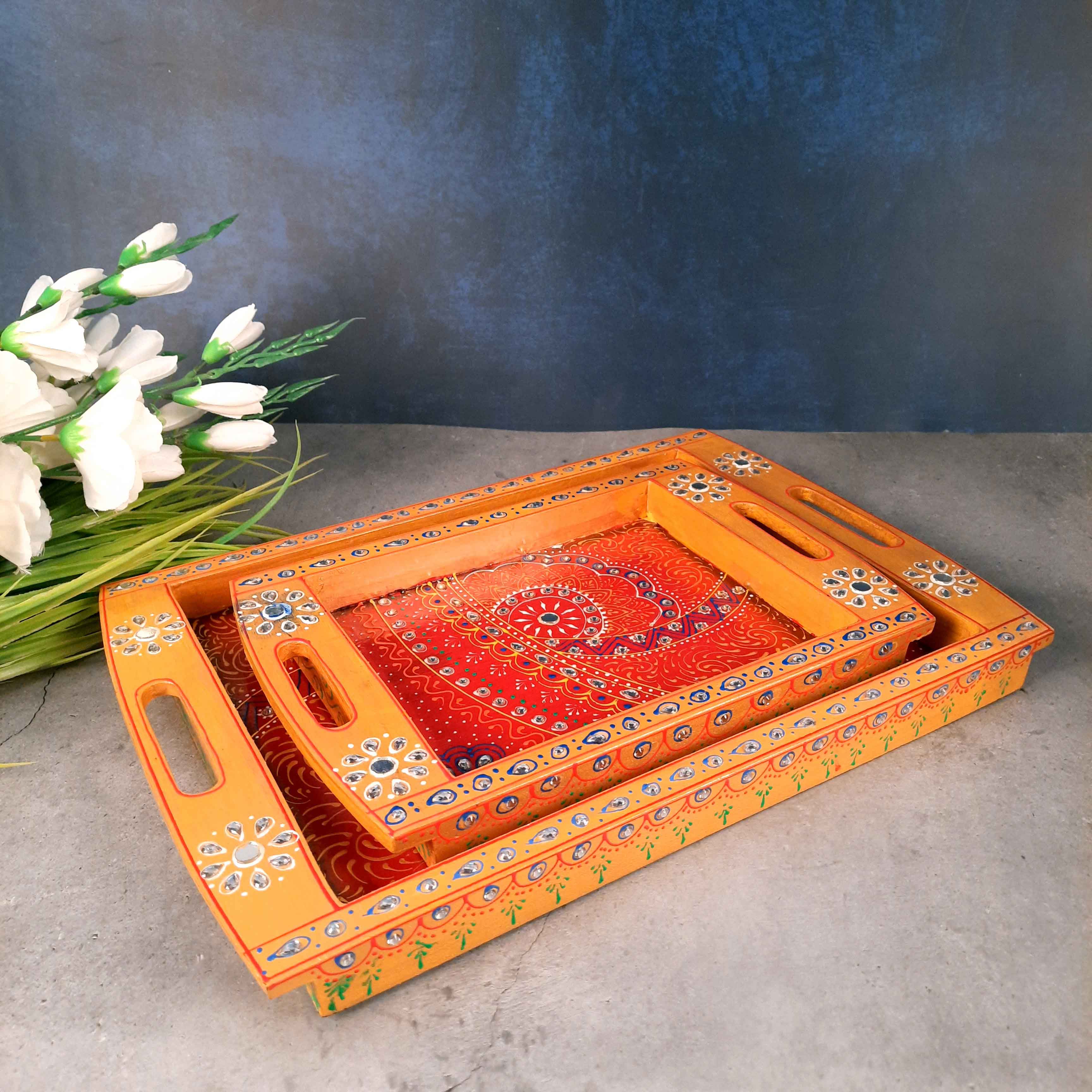 Decorative Serving Tray Set - For Serving & Table Decor -Set of 2 - Apkamart