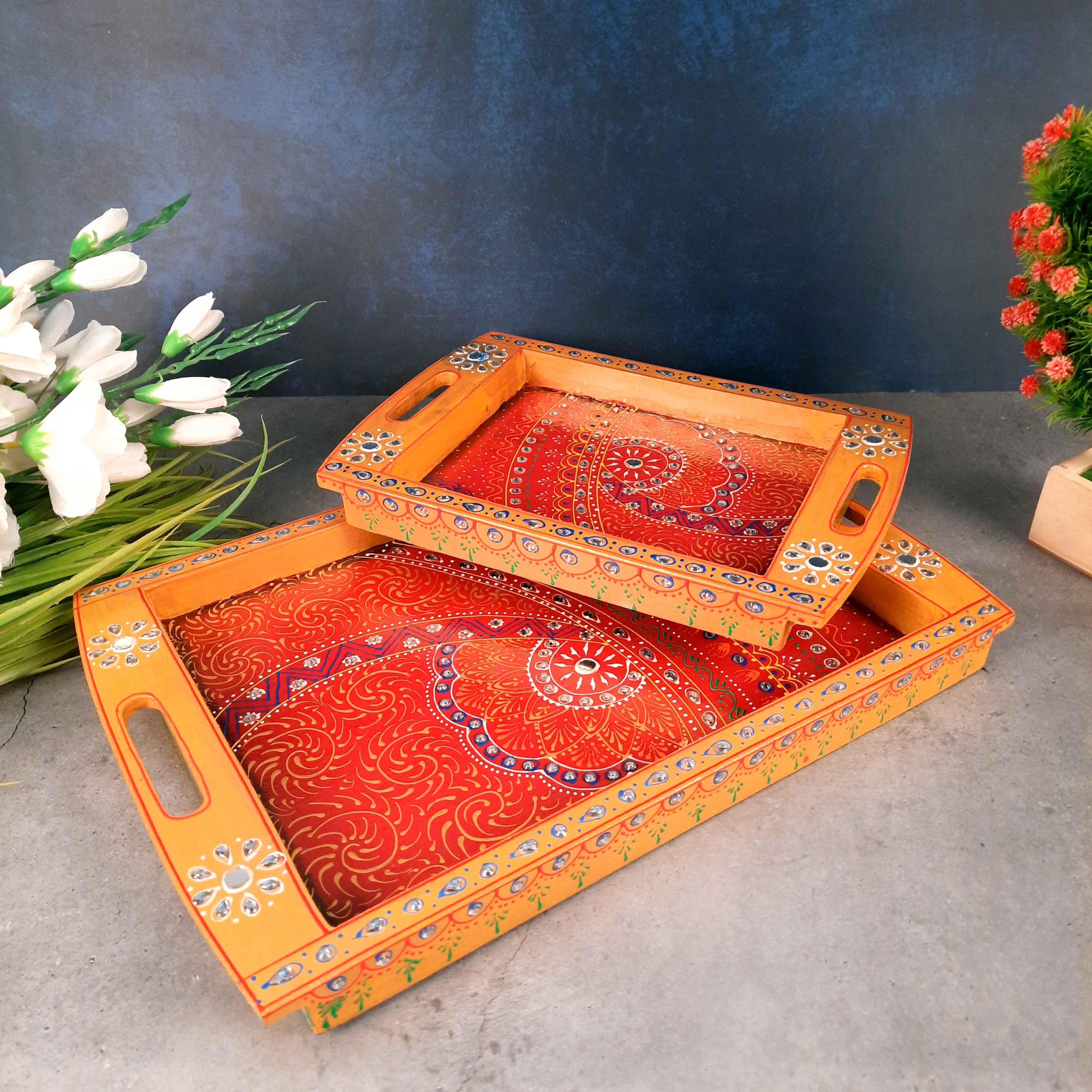Decorative Serving Tray Set - For Serving & Table Decor -Set of 2 - Apkamart