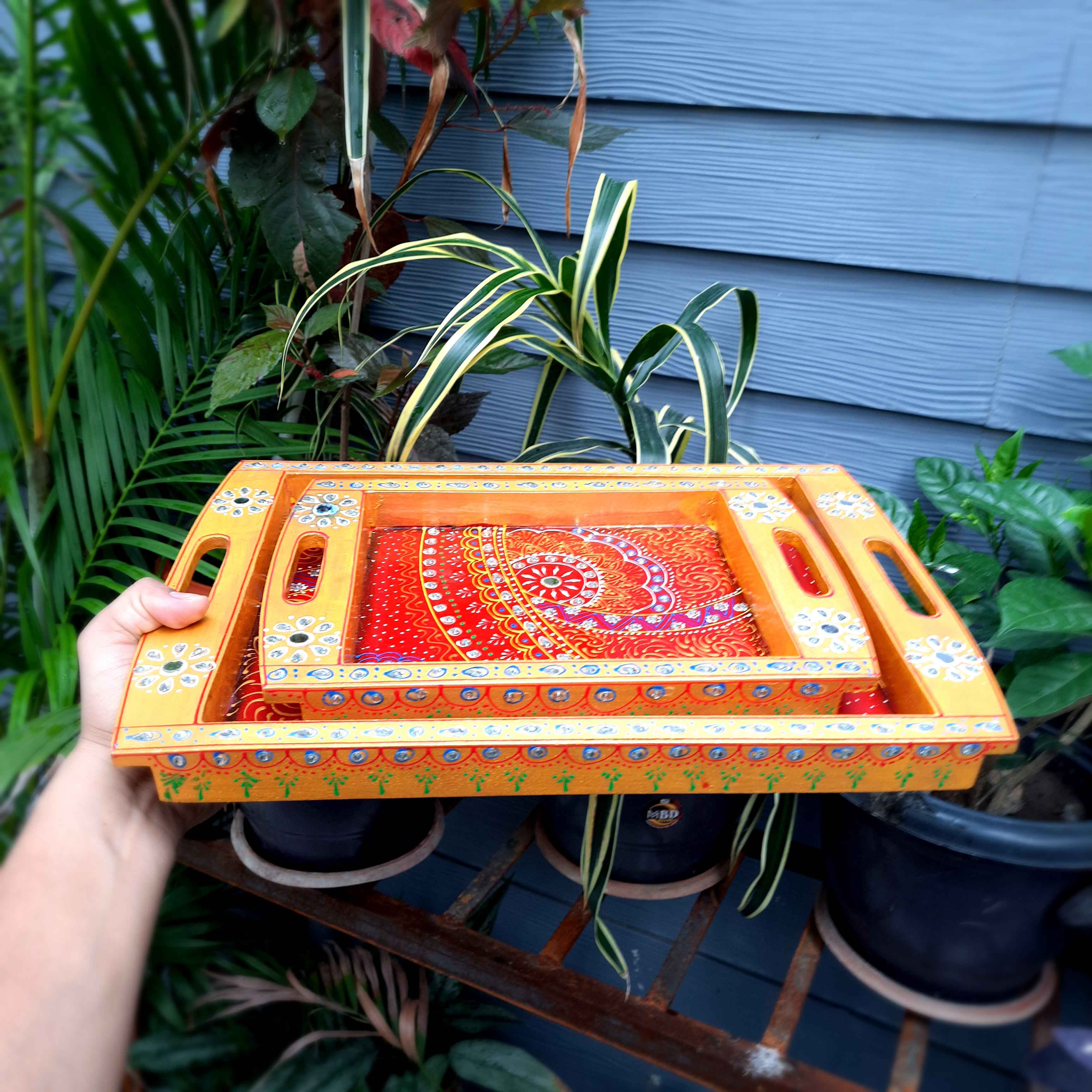 Decorative Serving Tray Set - For Serving & Table Decor -Set of 2 - Apkamart