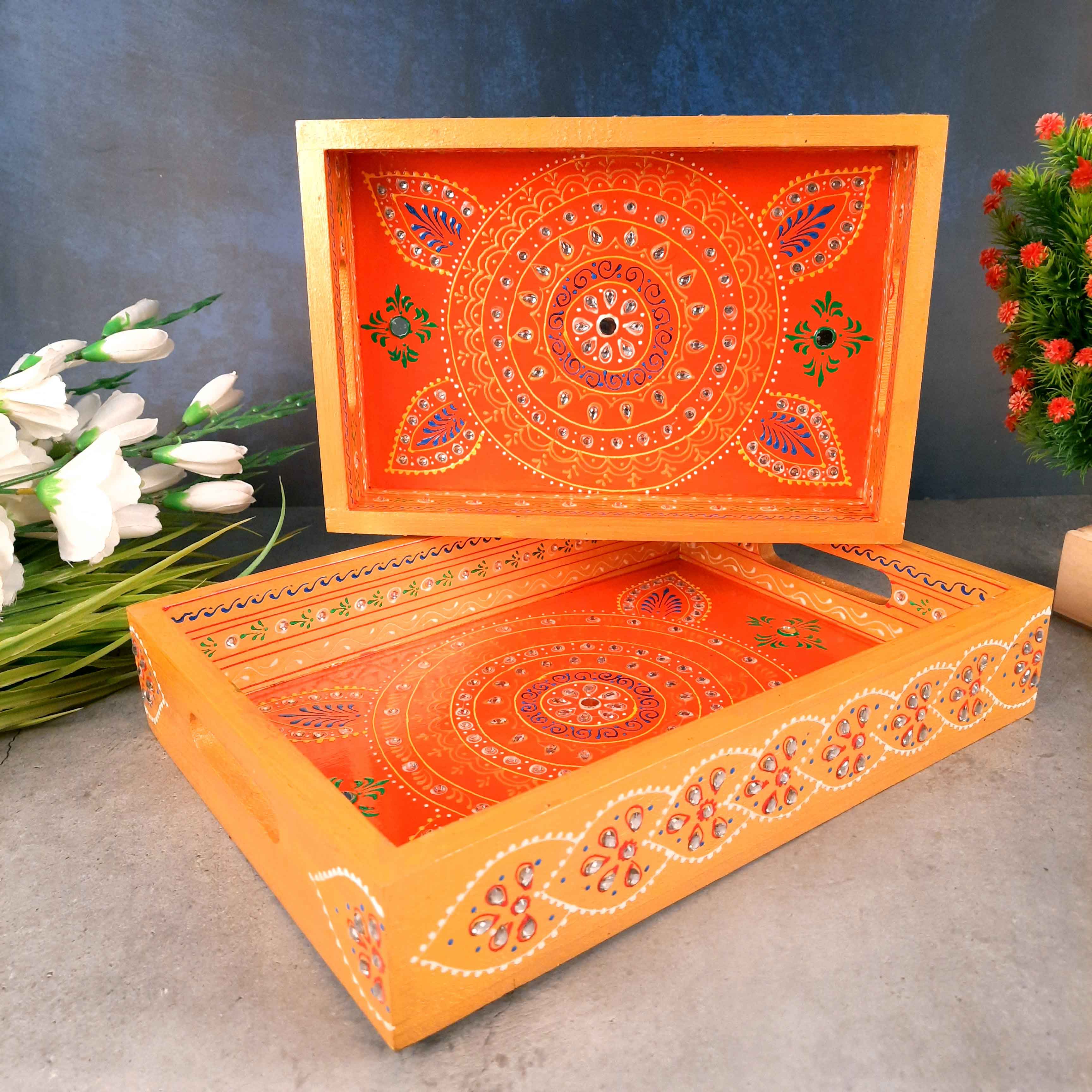 Tray Wooden | Tea & Snacks Serving Platter | Decorative Handcrafted Trays - for Home, Dining Table, Kitchen Decor | Wedding & Housewarming Gift - 14 Inch