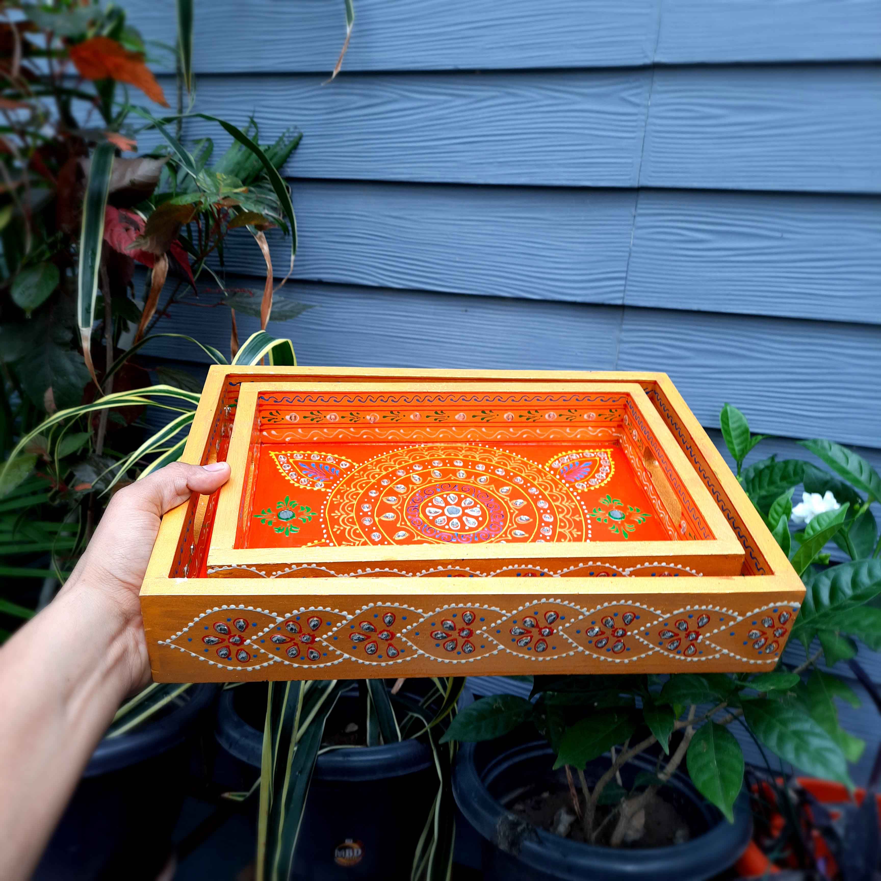 Tray Wooden | Tea & Snacks Serving Platter | Decorative Handcrafted Trays - for Home, Dining Table, Kitchen Decor | Wedding & Housewarming Gift - 14 Inch