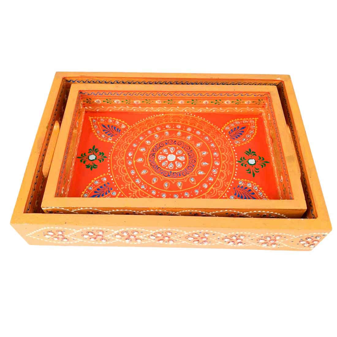 Tray Wooden | Tea & Snacks Serving Platter | Decorative Handcrafted Trays - for Home, Dining Table, Kitchen Decor | Wedding & Housewarming Gift - 14 Inch
