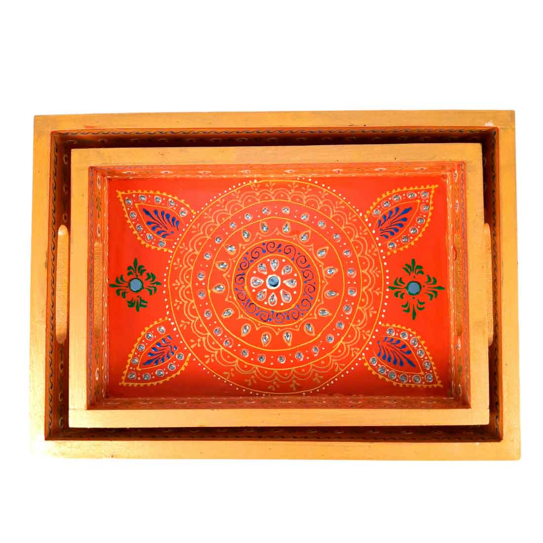 Tray Wooden | Tea & Snacks Serving Platter | Decorative Handcrafted Trays - for Home, Dining Table, Kitchen Decor | Wedding & Housewarming Gift - 14 Inch