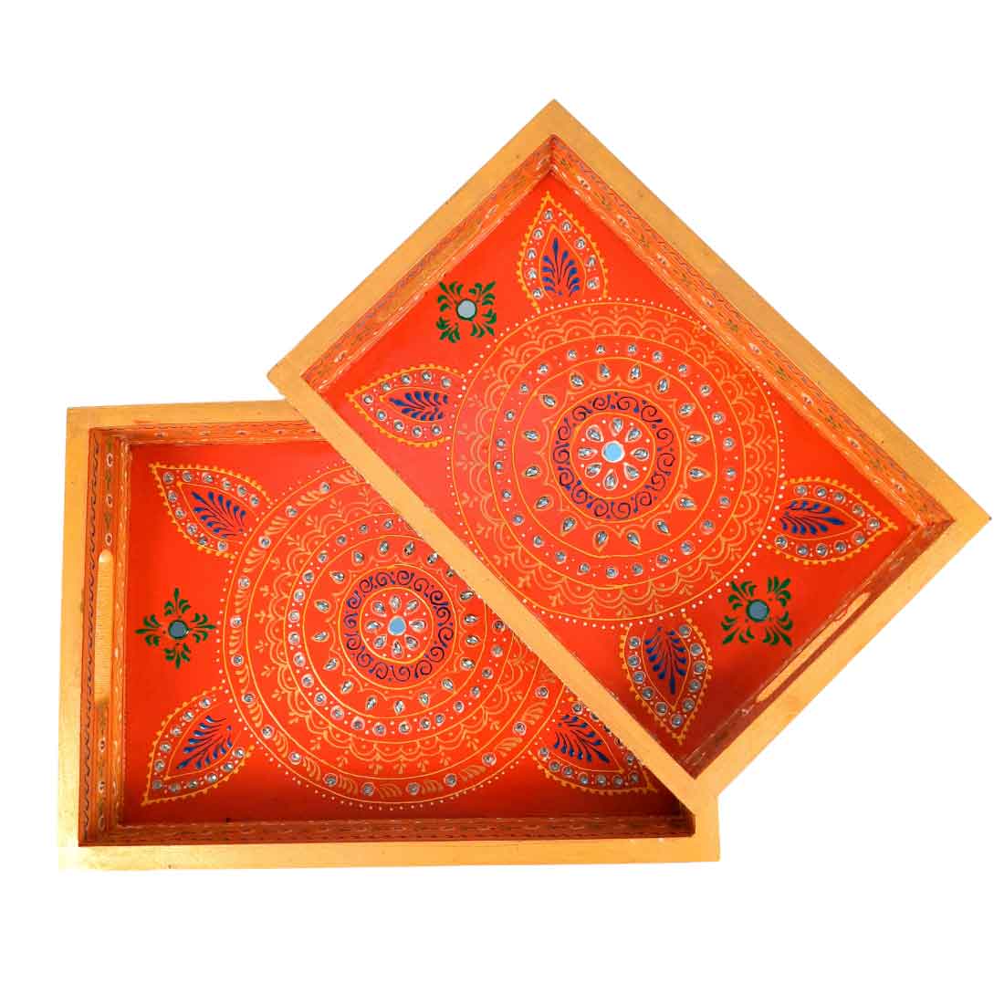 Tray Wooden | Tea & Snacks Serving Platter | Decorative Handcrafted Trays - for Home, Dining Table, Kitchen Decor | Wedding & Housewarming Gift - 14 Inch