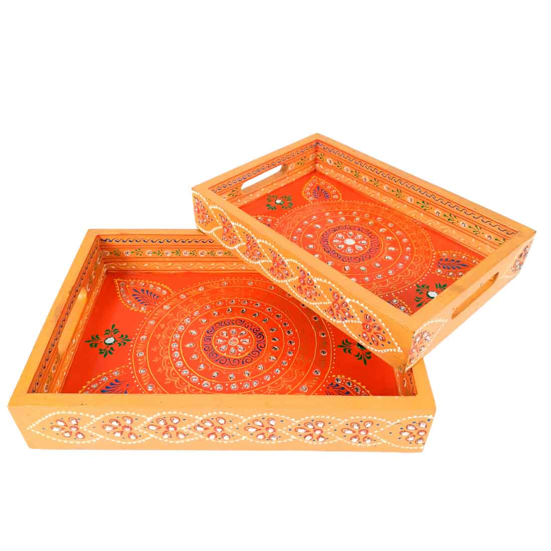 Tray Wooden | Tea & Snacks Serving Platter | Decorative Handcrafted Trays - for Home, Dining Table, Kitchen Decor | Wedding & Housewarming Gift - 14 Inch