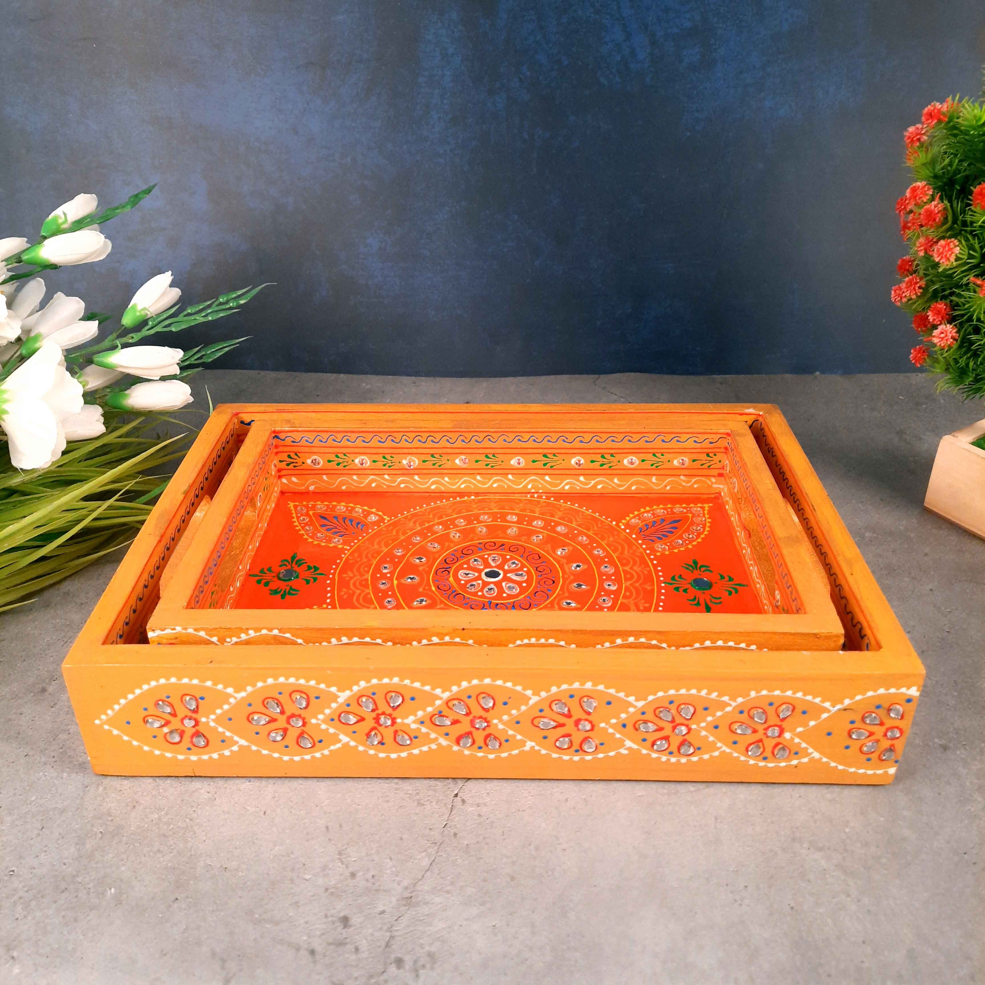 Tray Wooden | Tea & Snacks Serving Platter | Decorative Handcrafted Trays - for Home, Dining Table, Kitchen Decor | Wedding & Housewarming Gift - 14 Inch