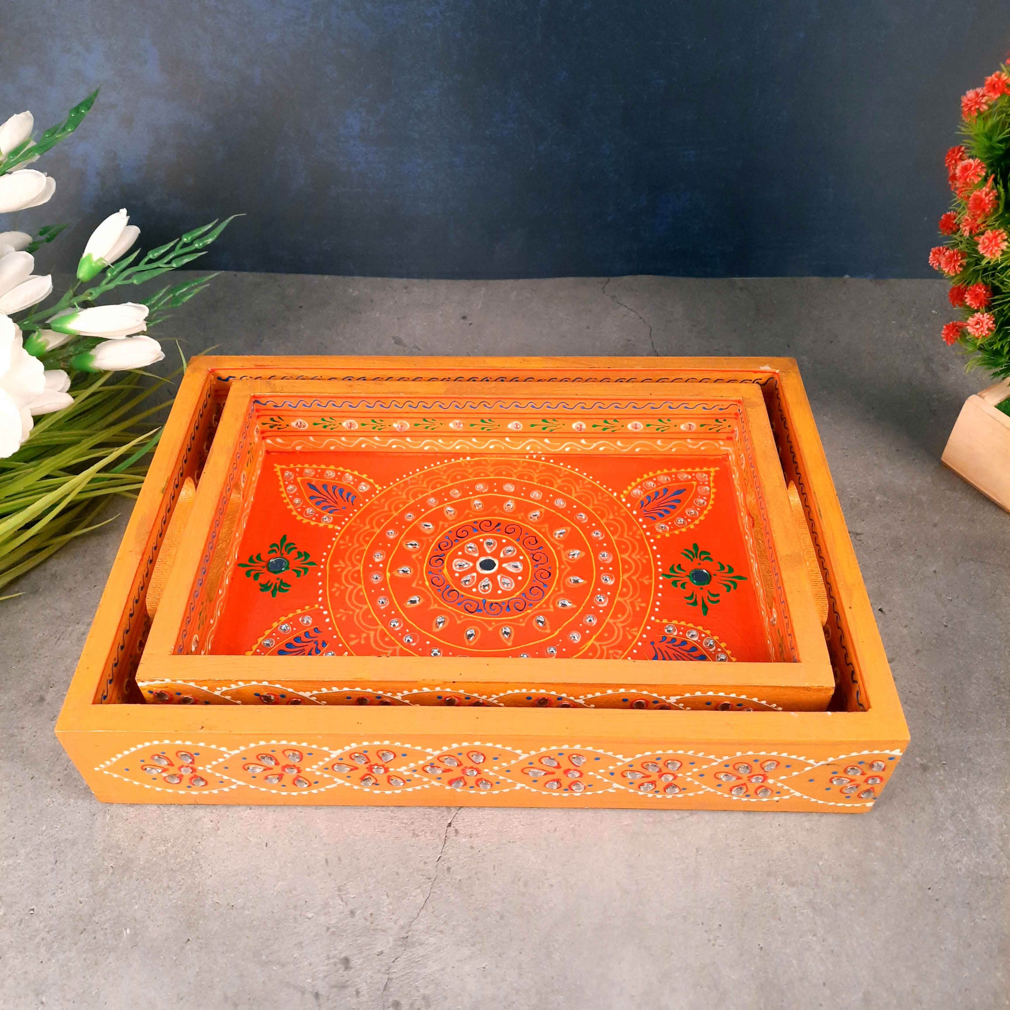 Tray Wooden | Tea & Snacks Serving Platter | Decorative Handcrafted Trays - for Home, Dining Table, Kitchen Decor | Wedding & Housewarming Gift - 14 Inch