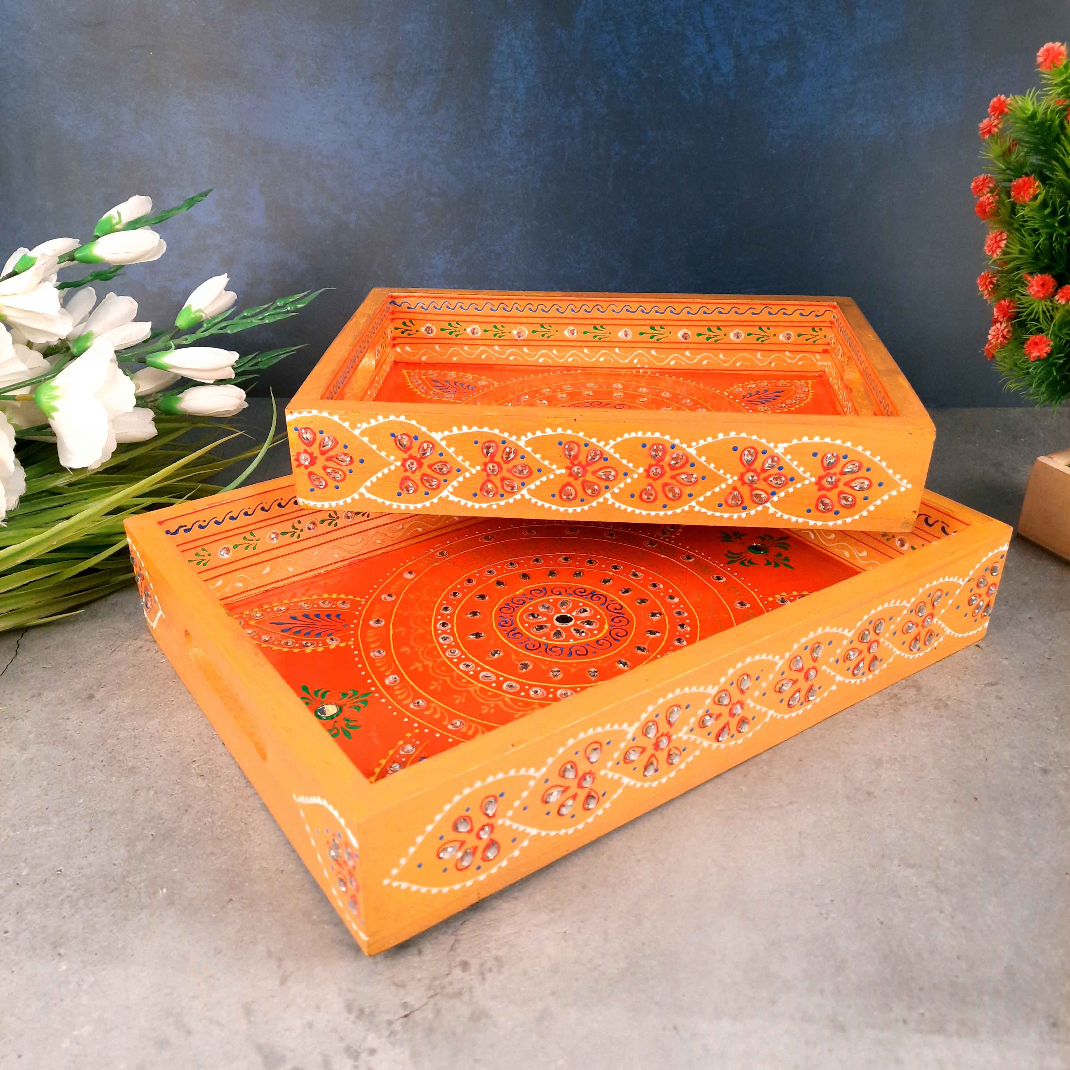 Tray Wooden | Tea & Snacks Serving Platter | Decorative Handcrafted Trays - for Home, Dining Table, Kitchen Decor | Wedding & Housewarming Gift - 14 Inch