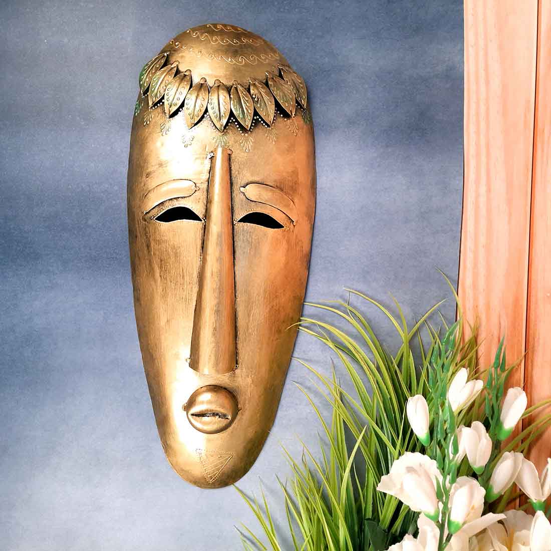 Wall Mask | Decorative Tribal Masks For Home Entrance & Living Room |Man & Woman Metal Face Hanging - For House, Door, Hall-Way, Balcony Decoration - 19 Inch - Apkamart
