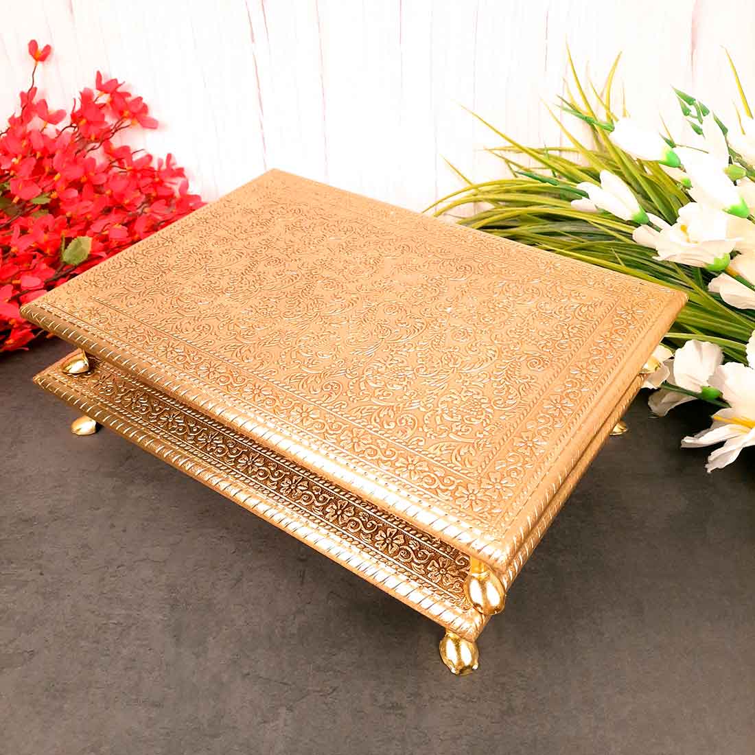 Brass Patla 10X14 | Sitting Stool (Golden) Bajot- Apkamart # Style_Pack of 2