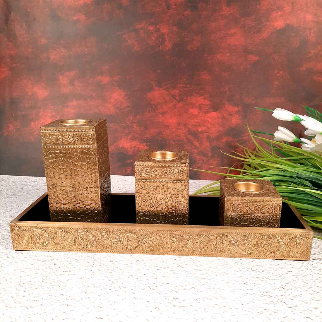 Brass candle tray set - Candle Stand for Dining Table - 7 Inch- Apkamart