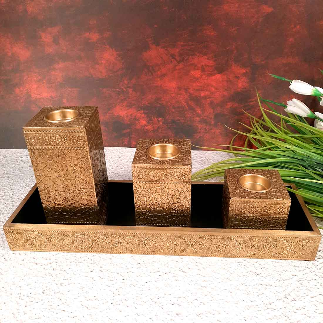 Brass candle tray set - Candle Stand for Dining Table - 7 Inch- Apkamart