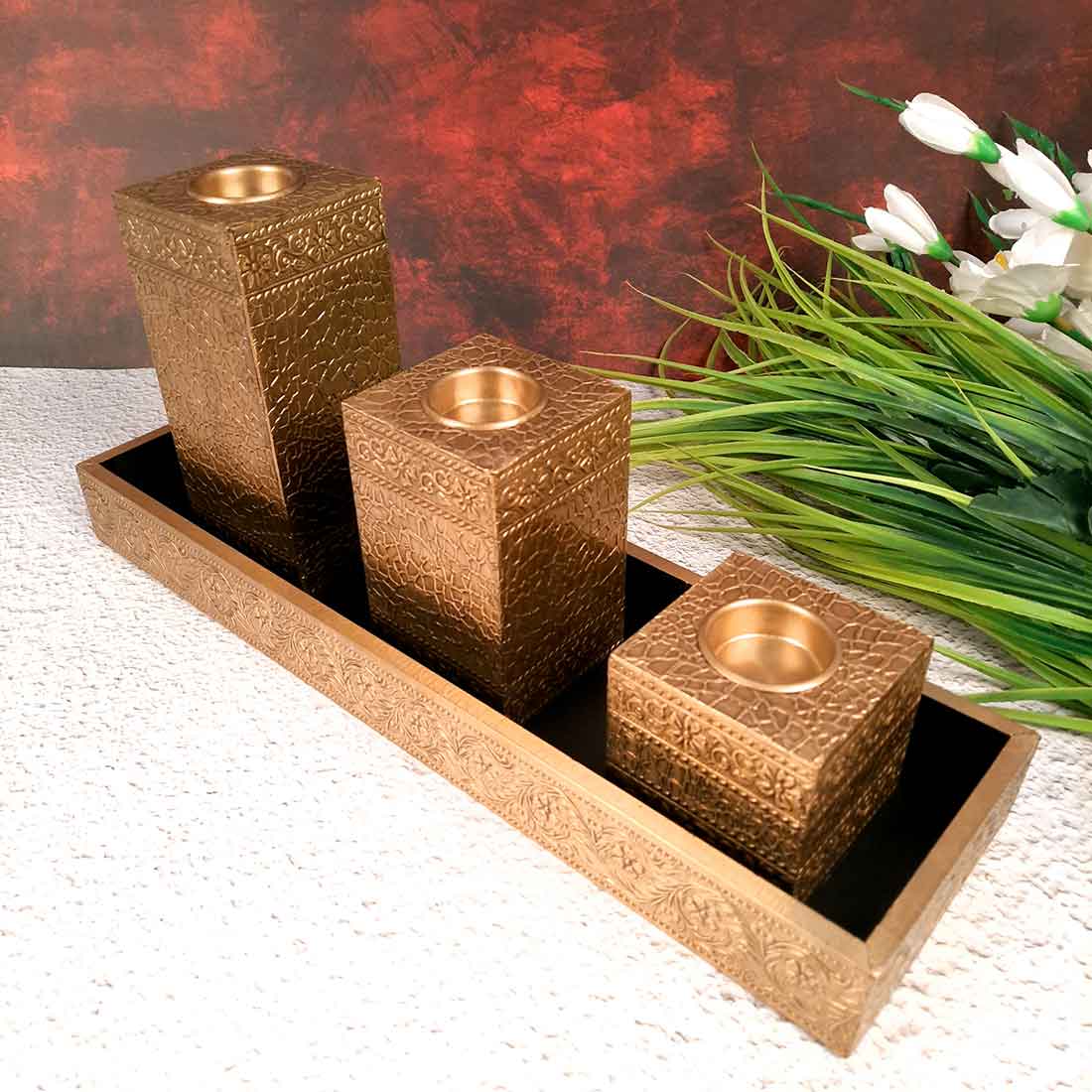 Brass candle tray set - Candle Stand for Dining Table - 7 Inch- Apkamart