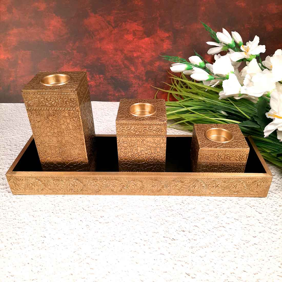Brass candle tray set - Candle Stand for Dining Table - 7 Inch- Apkamart
