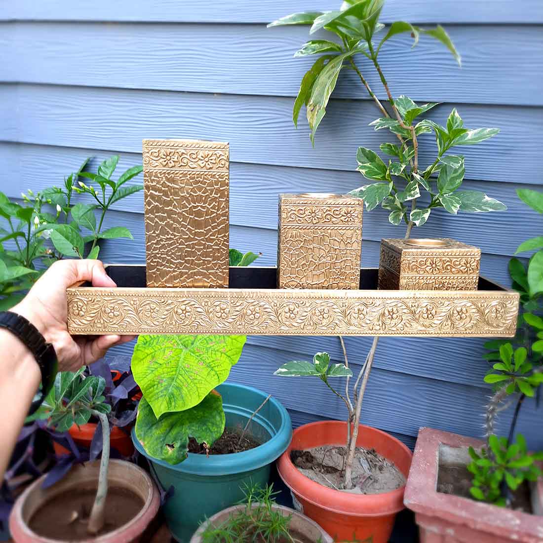 Brass candle tray set - Candle Stand for Dining Table - 7 Inch- Apkamart