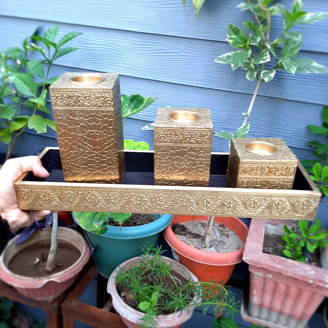 Brass candle tray set - Candle Stand for Dining Table - 7 Inch- Apkamart