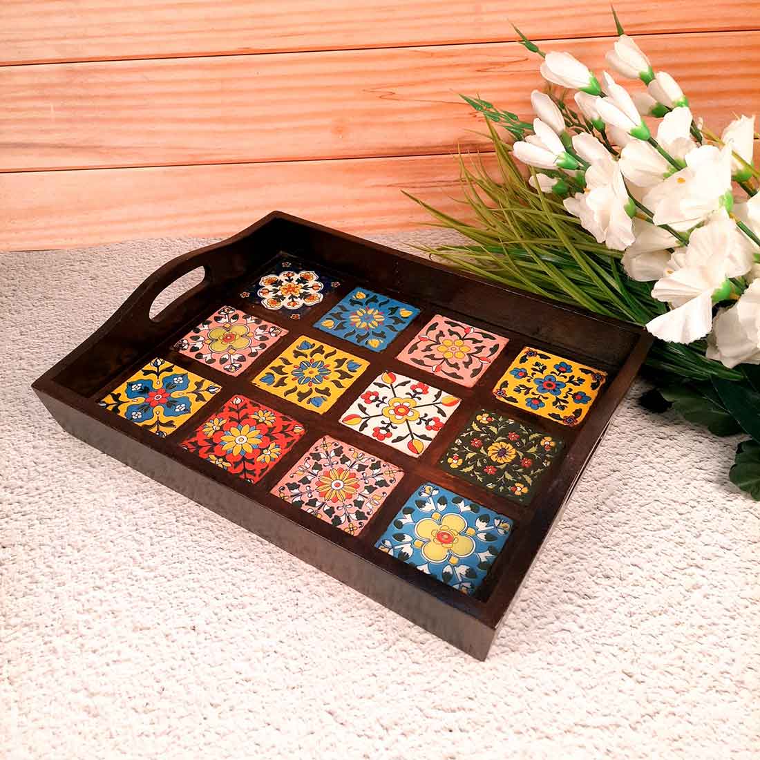 Wooden Tray With Ceramic Tile Base - For Serving, Kitchen, Dining Table Decor - 15 inch- Apkamart