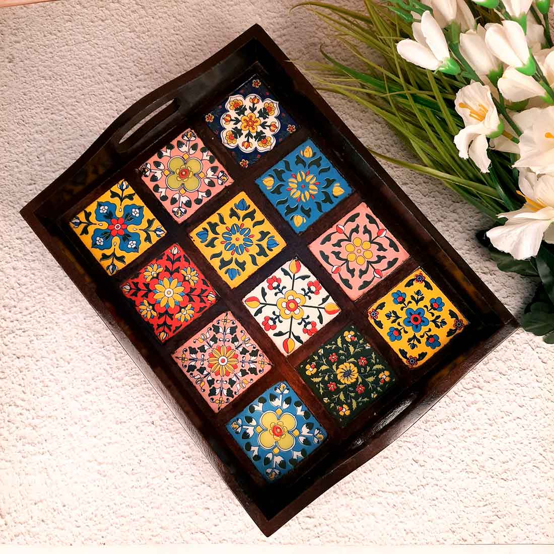 Wooden Tray With Ceramic Tile Base - For Serving, Kitchen, Dining Table Decor - 15 inch- Apkamart