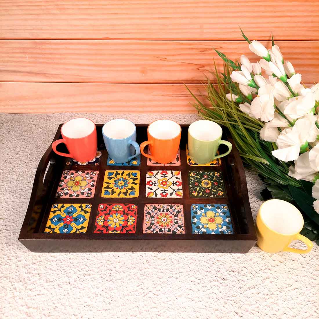 Wooden Tray With Ceramic Tile Base - For Serving, Kitchen, Dining Table Decor - 15 inch- Apkamart