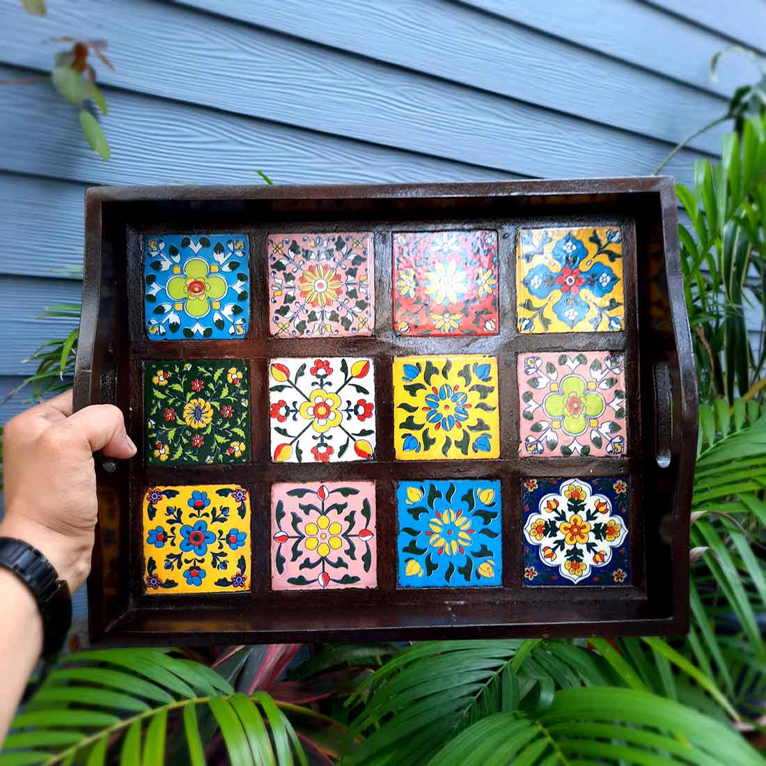 Wooden Tray With Ceramic Tile Base - For Serving, Kitchen, Dining Table Decor - 15 inch- Apkamart