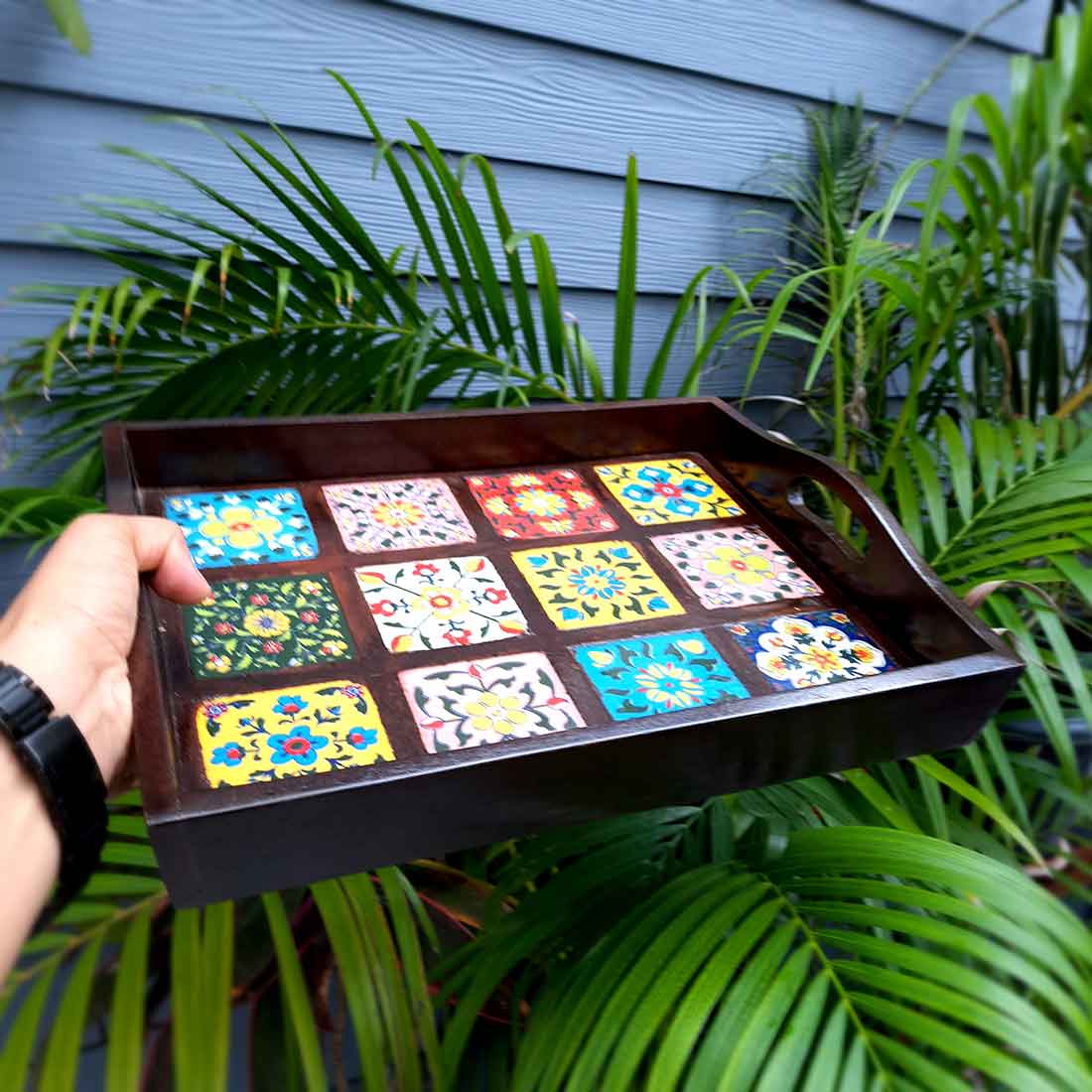 Wooden Tray With Ceramic Tile Base - For Serving, Kitchen, Dining Table Decor - 15 inch- Apkamart