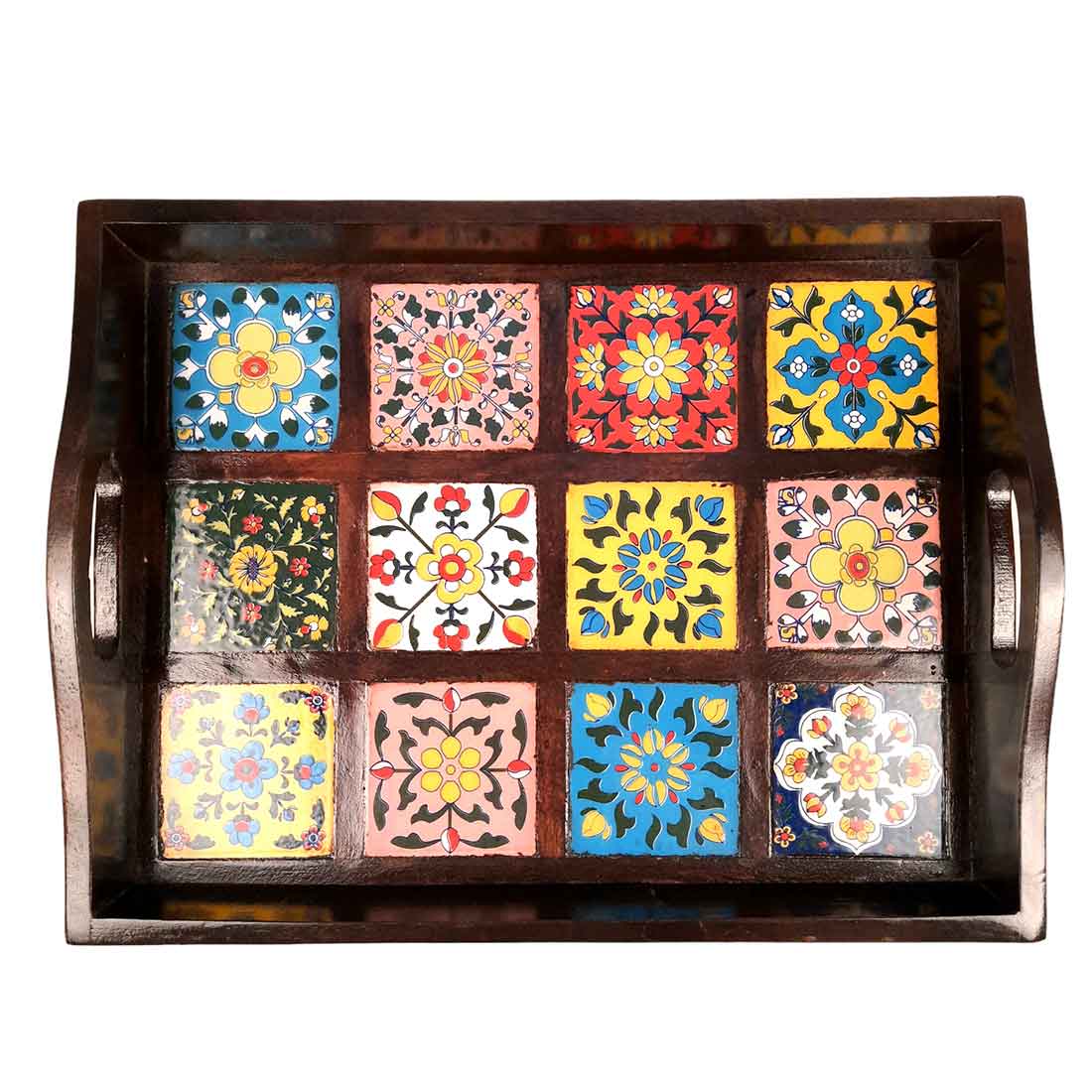 Wooden Tray With Ceramic Tile Base - For Serving, Kitchen, Dining Table Decor - 15 inch- Apkamart