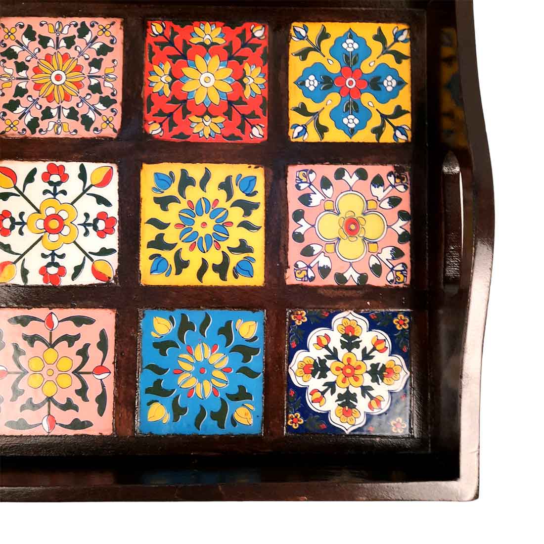 Wooden Tray With Ceramic Tile Base - For Serving, Kitchen, Dining Table Decor - 15 inch- Apkamart