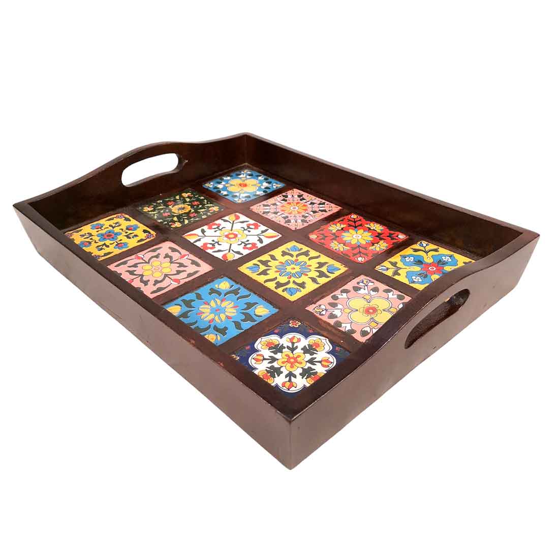 Wooden Tray With Ceramic Tile Base - For Serving, Kitchen, Dining Table Decor - 15 inch- Apkamart