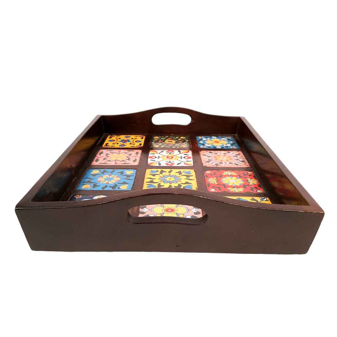 Wooden Tray With Ceramic Tile Base - For Serving, Kitchen, Dining Table Decor - 15 inch- Apkamart