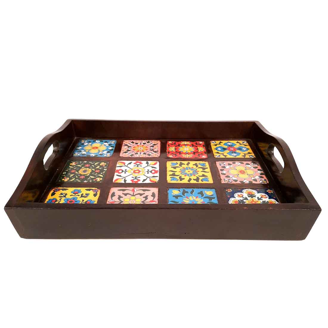 Wooden Tray With Ceramic Tile Base - For Serving, Kitchen, Dining Table Decor - 15 inch- Apkamart