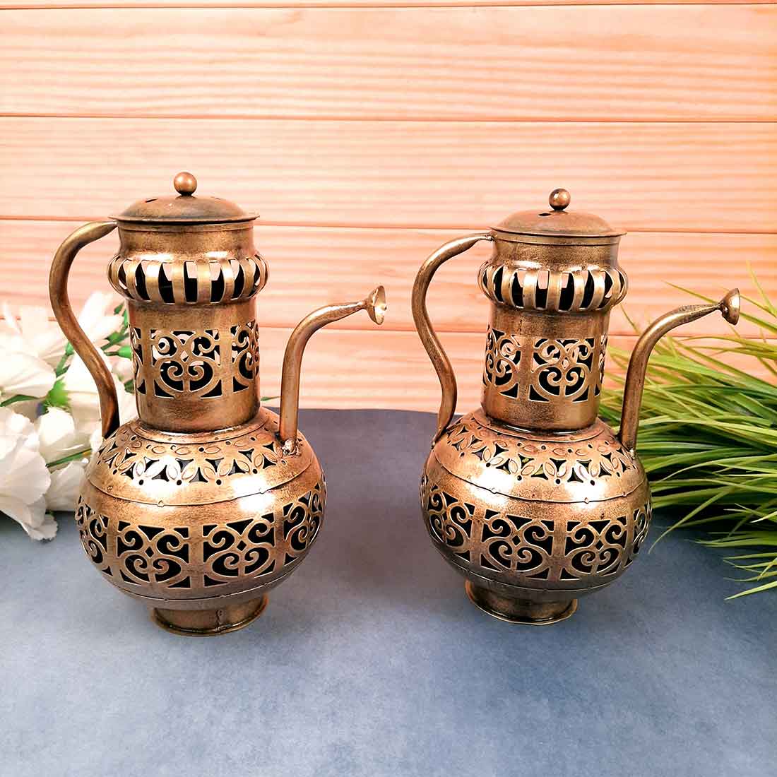 Vintage Surahi Showpiece with Tea Light Holder - 9 inch - Apkamart #Style_pack of 2