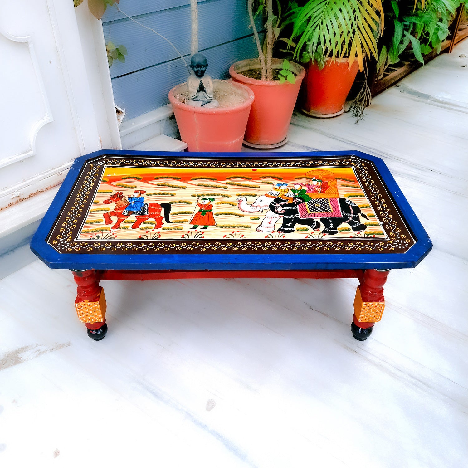 Center Table Wooden | Folding Table Hand Painted - for Living Room, Drawing Room, Home Decor, Interior Decoration - 30 Inch - apkamart #colour_Blue