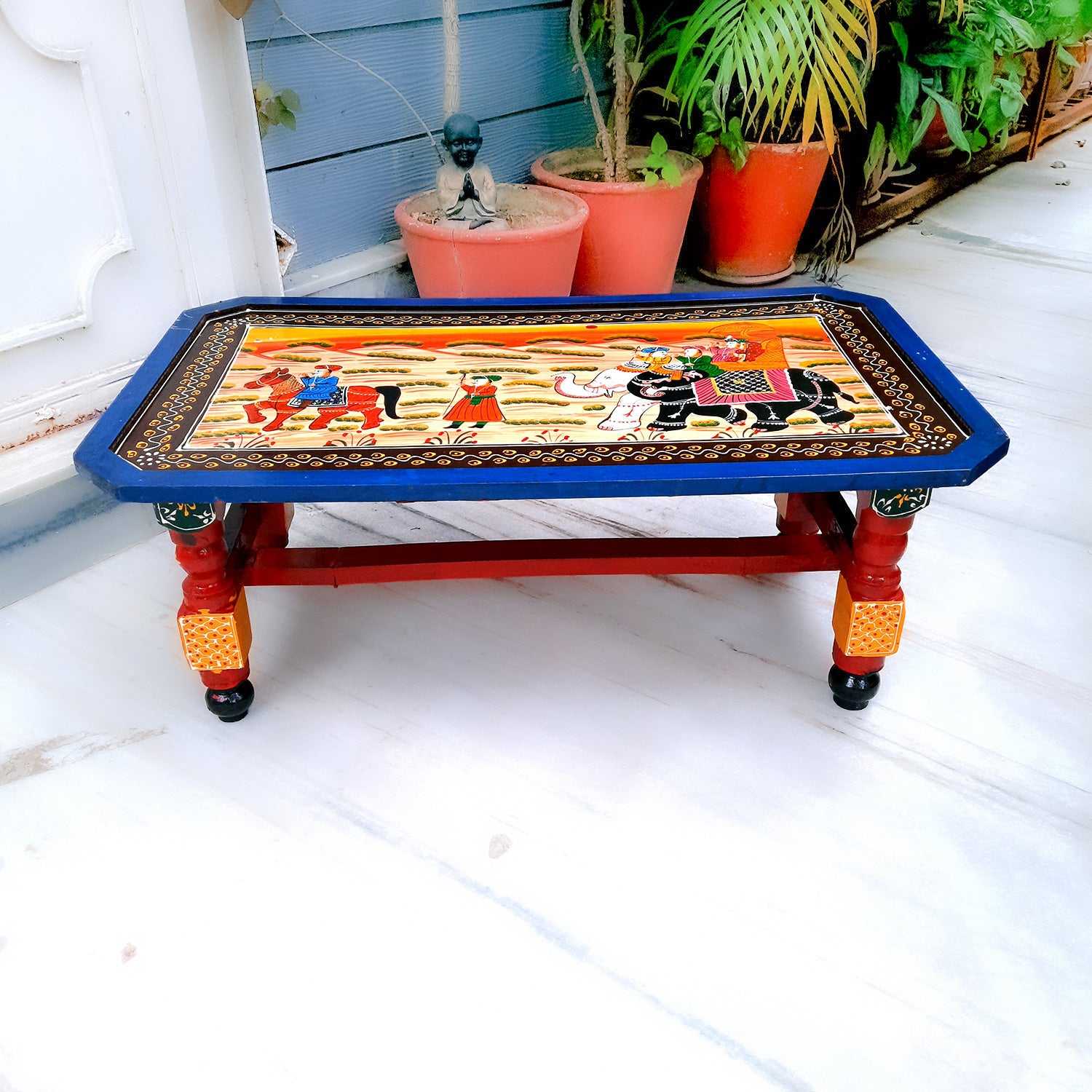 Center Table Wooden | Folding Table Hand Painted - for Living Room, Drawing Room, Home Decor, Interior Decoration - 30 Inch - apkamart #colour_Blue