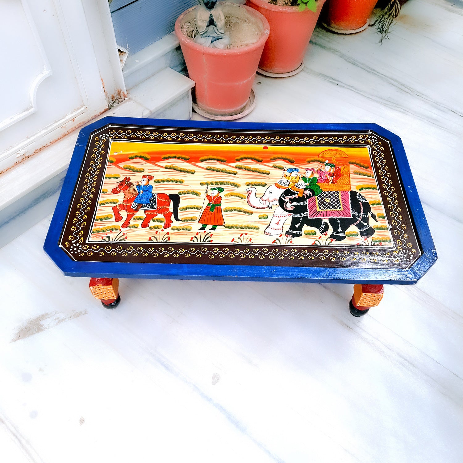 Center Table Wooden | Folding Table Hand Painted - for Living Room, Drawing Room, Home Decor, Interior Decoration - 30 Inch - apkamart #colour_Blue