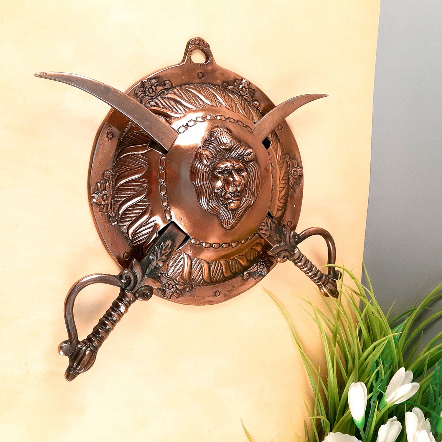 Dhal Talwar Wall Hanging Set | Sword & Shield Wall Mount - Lion Design - For Home, Living Room, Wall Decoration - 12 Inch- Apkamart
