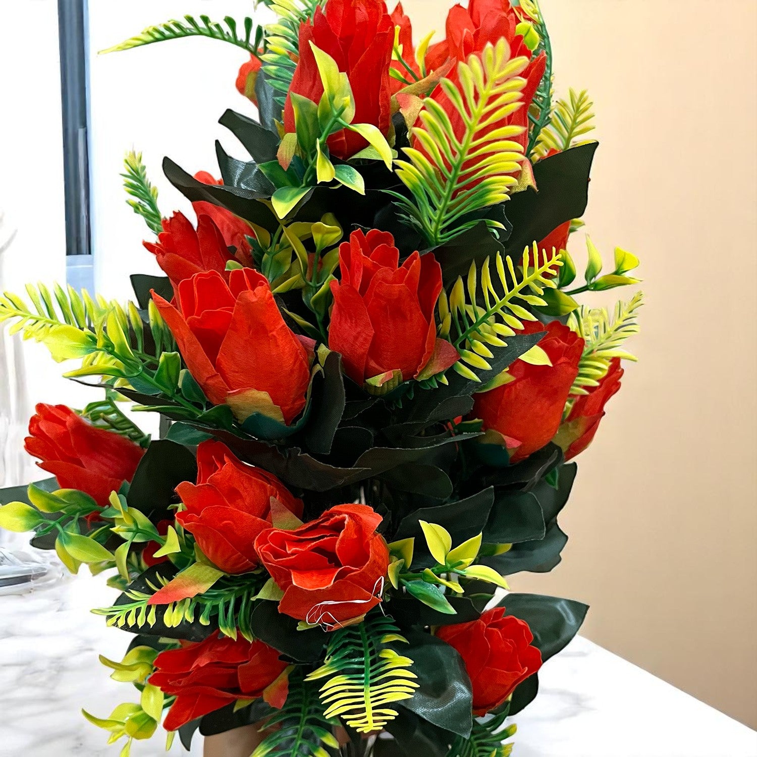 Artificial Flower Rose Bouquets | Fake Flowers Bunch - For Vase, Pot, Home, Bedroom, Balcony, Office Corner, Living Room - 26 Inch - Apkamart #Colour_Red