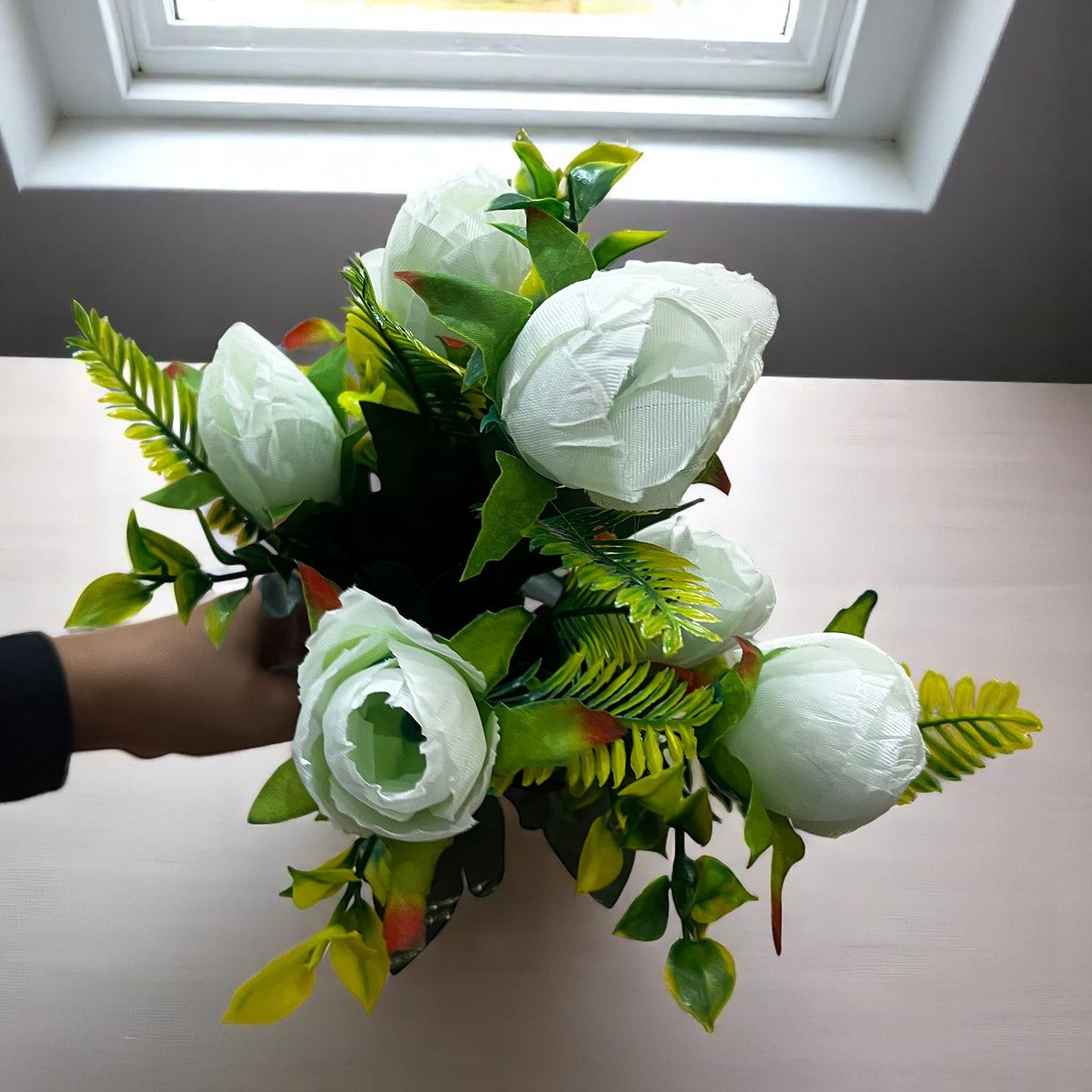 Artificial Flowers Rose Bunches For Pot | Faux Flower Sticks - for Home Decor, Living Room, Office & Festivals Decoration (Vase Not Included) - 14 Inch - Apkamart #Colour_White