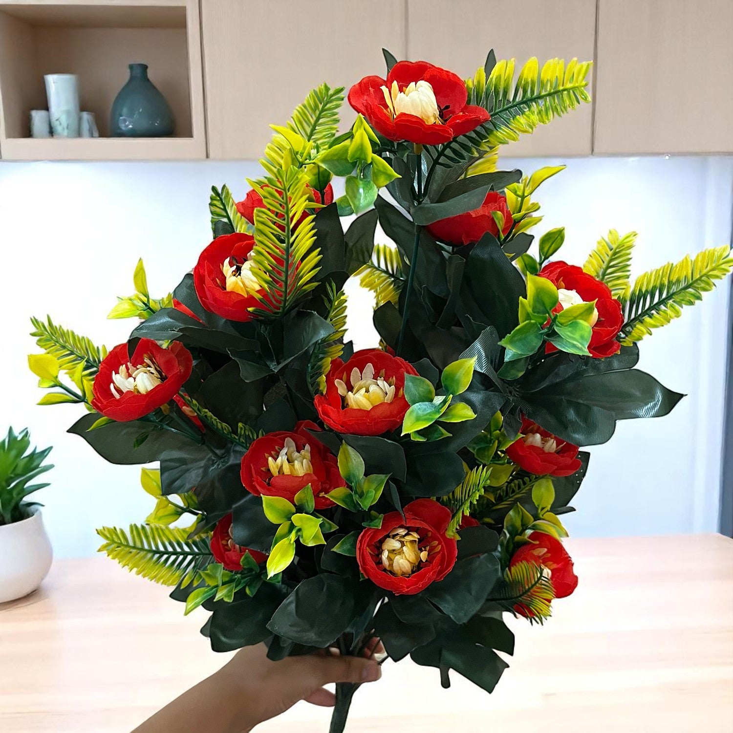 Artificial Flower Bouquets | Fake Flowers Bunch - For Vase, Home, Bedroom, Balcony, Office Corner, Living Room - 26 Inch - Apkamart #Colour_Red