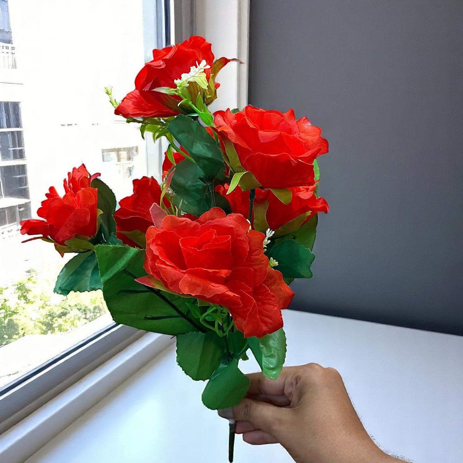 Artificial Flowers Rose | Faux Gulab Flowers Bunch - for Home Decor, Living Room, Office & Festivals Decoration (Vase Not Included) - 15 Inch  Apkamart #Colour_Red