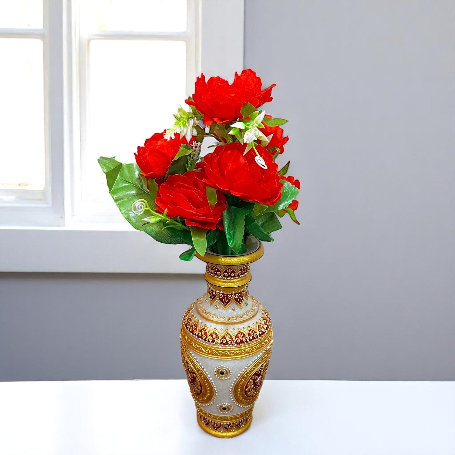 Artificial Flowers Rose Bunches for Vase Pot | Faux Flowers Stem - for Home Decor, Living Room, Office & Festivals Decoration (Vase Not Included) - 14 Inch - Apkamart #Colour_Red