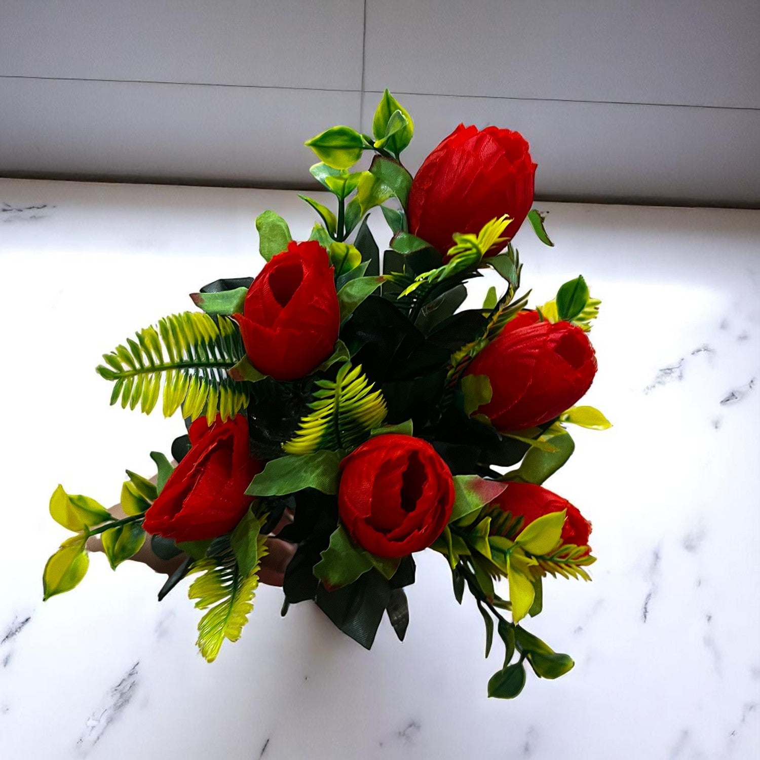 Artificial Flowers Rose Bunches For Pot | Faux Flower Sticks - for Home Decor, Living Room, Office & Festivals Decoration (Vase Not Included) - 14 Inch - Apkamart #Colour_Red