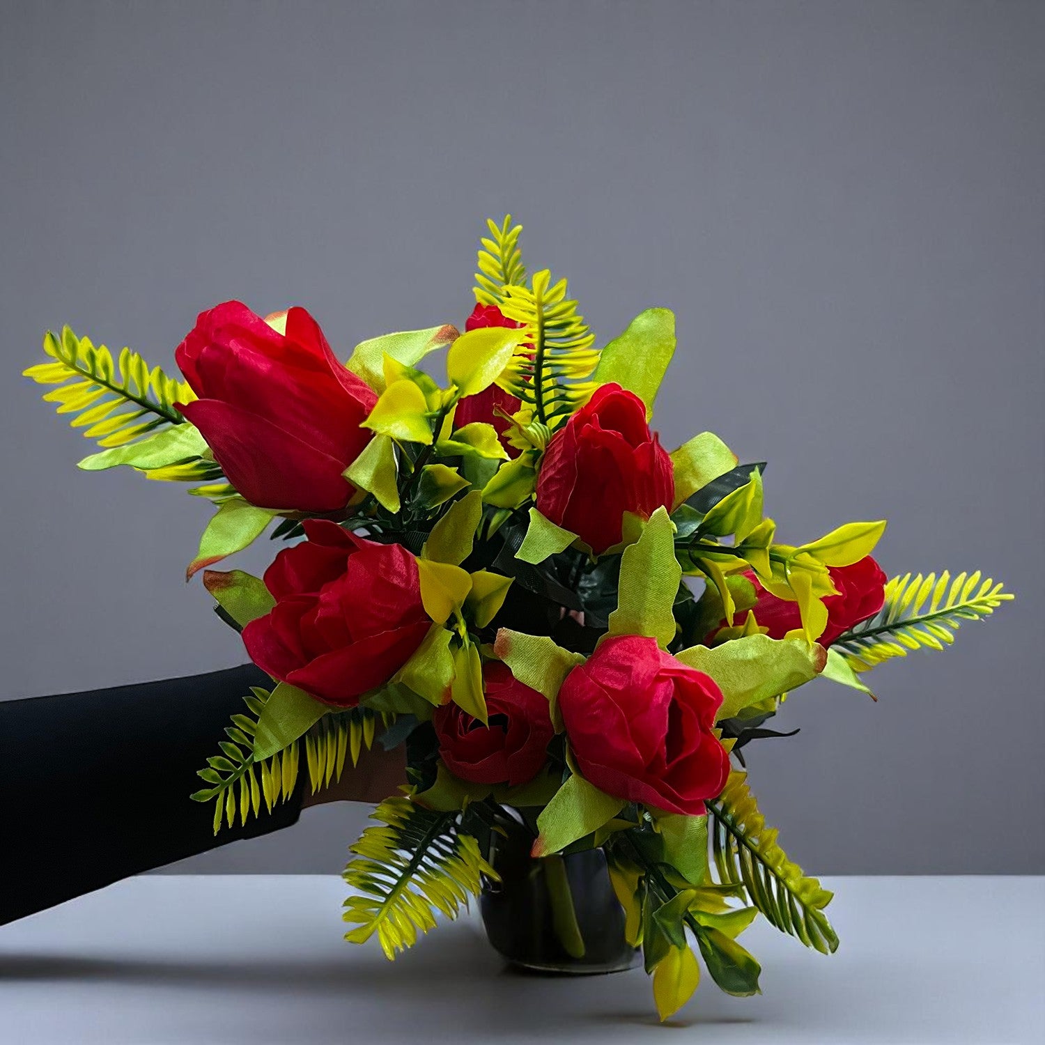 Artificial Flowers Rose Bouquet | Faux Flowers Bunch / Sticks - for Home Decor, Living Room, Office & Festivals Decoration (Vase Not Included) - 15 Inch - Apkamart #Colour_Red